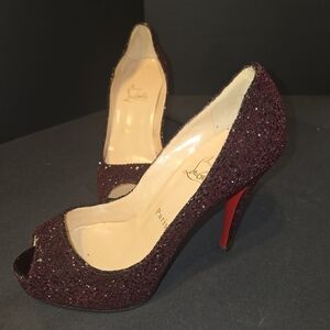 BRAND NEW Christian Louboutin Burgundy Glitter Peep-Toe Heels